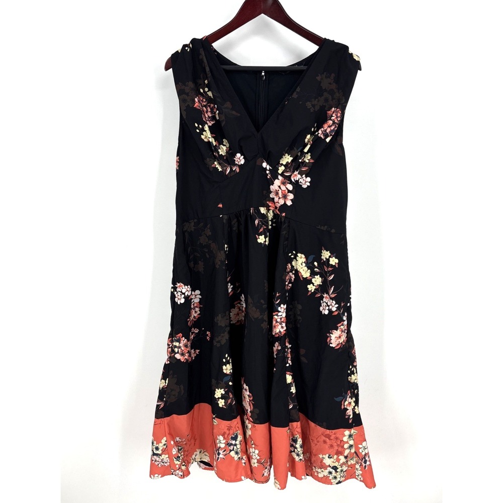 eShakti‎ Custom Pleated Floral Print Crepe Midi Dress Size 14 Sleeveless Black